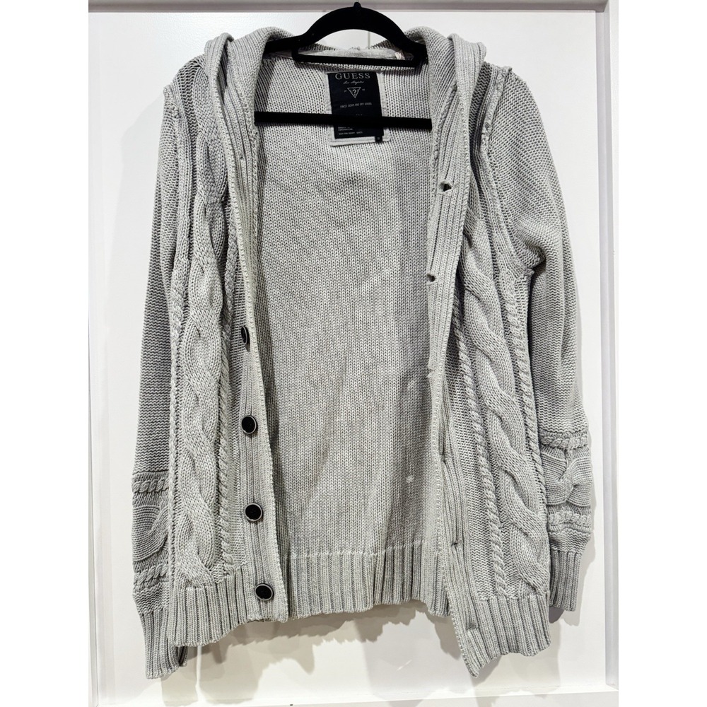 Guess Mens Shawl Collar Hooded Cardigan Sweater Gray Cable Knit Cotton Academia